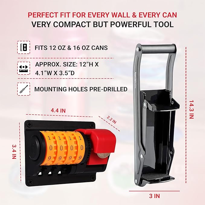 2-in-1 Can Crusher & Bottle Opener Set – Wall Mounted Aluminum Can Crusher for 12 & 16 Oz Cans with Mounting Hardware – Built-In Beer Bottle Opener with Digital Counter – Man Cave, Kitchen, Bar Gift