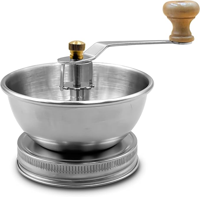 Stainless Steel Coffee Grinder Lid Attachment for Regular Mouth Mason Jars - Manual Crank Burr Grinder for Fresh Coffee, Ideal for Camping, Home Barista, Rust Proof Ceramic Mechanism (Wide)