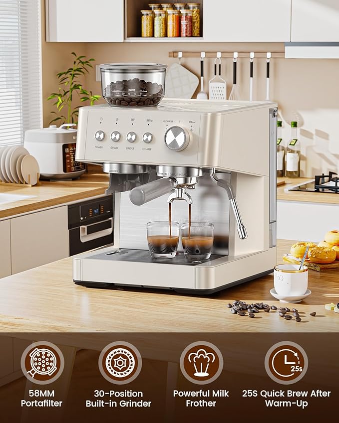 (2026 Upgrade) 20 Bar Espresso Machine with Built-in Anti-Clog Coffee Grinder, Expresso Coffee Machines with Milk Steam Wand/Frother/Tamping Tools,Espresso Maker with Grinder for Lattes-White