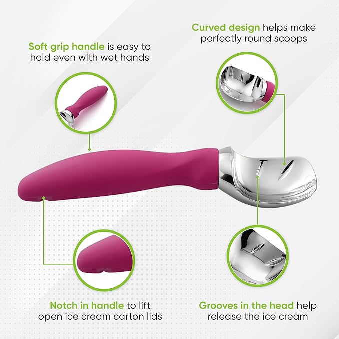 Spring Chef Heavy Duty Metal Ice Cream Scoop with Non-Slip Handle, Premium Ice Cream Spade for Frozen Yogurt, Gelato, Sorbet, Sundae, Melon, Cookie Dough - Dishwasher Safe Kitchen Tool - Magenta