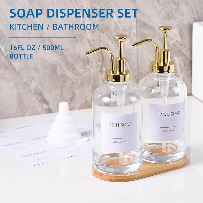 Glass Soap Dispenser with Pump, Dish and Hand Soap Dispenser for Kitchen Bathroom Set, Clear Glass Dispenser Set of 2 Pack with 18 Stickers Funnel Bamboo Tray 500ml 18oz / Each Bottle Gold Pump