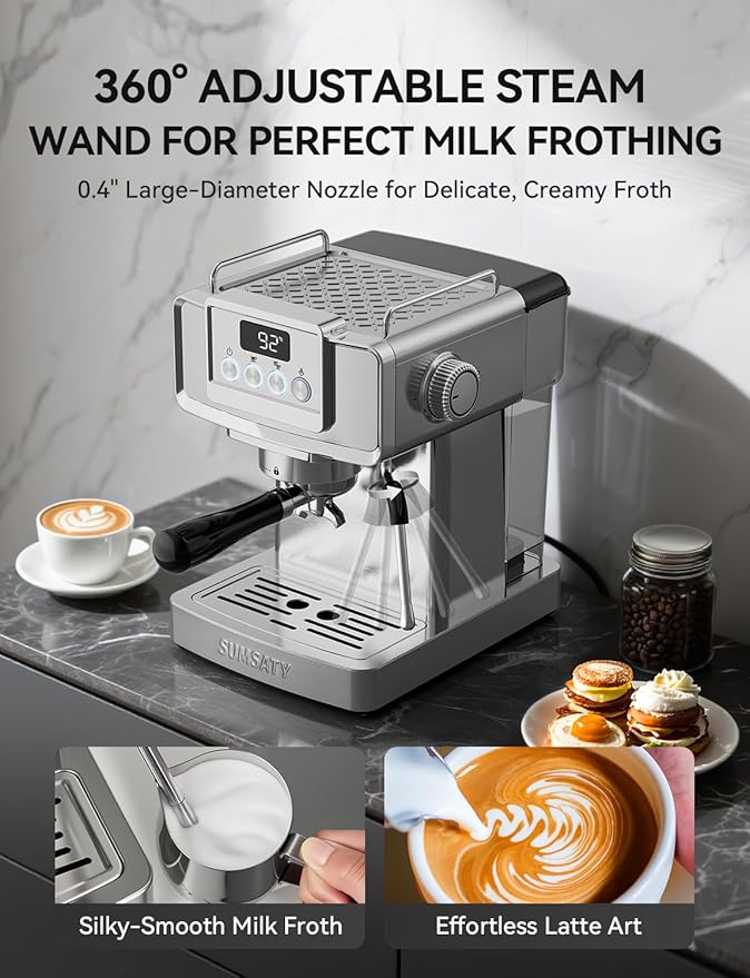 SUMSATY Espresso Machine 20 Bar, Stainless Steel Espresso Maker Professiona Coffee Maker with Power Steam & LED Display for Home Barista, Americano, Latte, Cappuccino Maker, 1.8L Water Tank