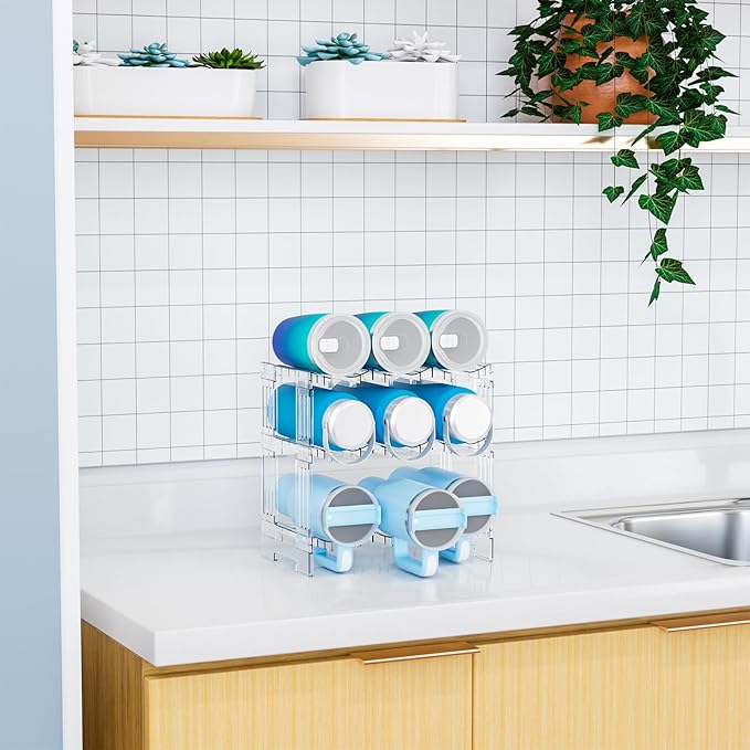 Yieach 3 Tier Stackable Water Bottle and Tumbler Organizer for Kitchen Cabinets,Large Waterbottle Holder and Cup Storage Organizer for 40 OZ Yeti,Owala or Stanley Cup Storage Rack With Handle Groove