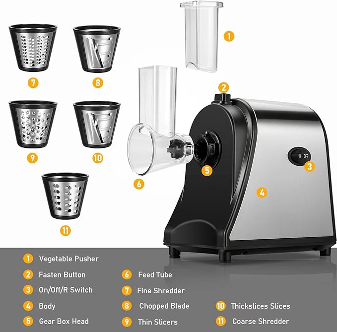 Electric Cheese Grater, Salad Maker With 5 Different Blades, 250W Electric Slicer Shredder for Home Kitchen Use, One-Touch Control Electric Grater for Cheeses, Fruits, Vegetables, BPA-Free