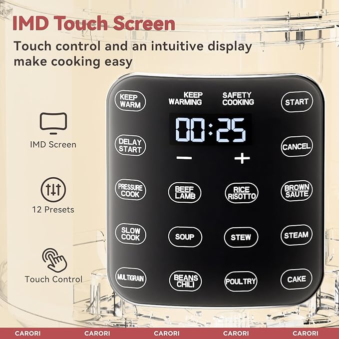 CARORI 9-in-1 Electric Pressure Cooker 6 Qt, Dual Inner Pots, Stainless Steel Pot and Non-Stick Pot, 12 Preset Cooking Programs with IMD Touchscreen, Safe Vent, Slow Cook, Rice Cook, Steam, Black