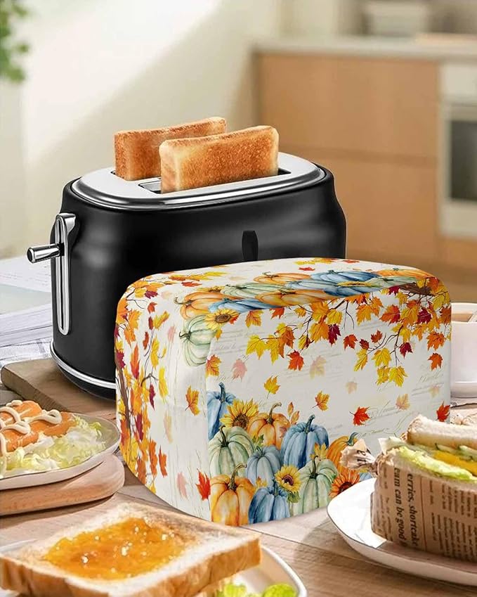 Thanksgiving Fall Toaster Cover 2 Slice, Blue Green Orange Pumpkins Dustproof Bakeware Oven Protector with Top Hook, Maple Leaf Waterproof Small Kitchen Appliance Toasters Dust Cover, 12"x7.5"x8"