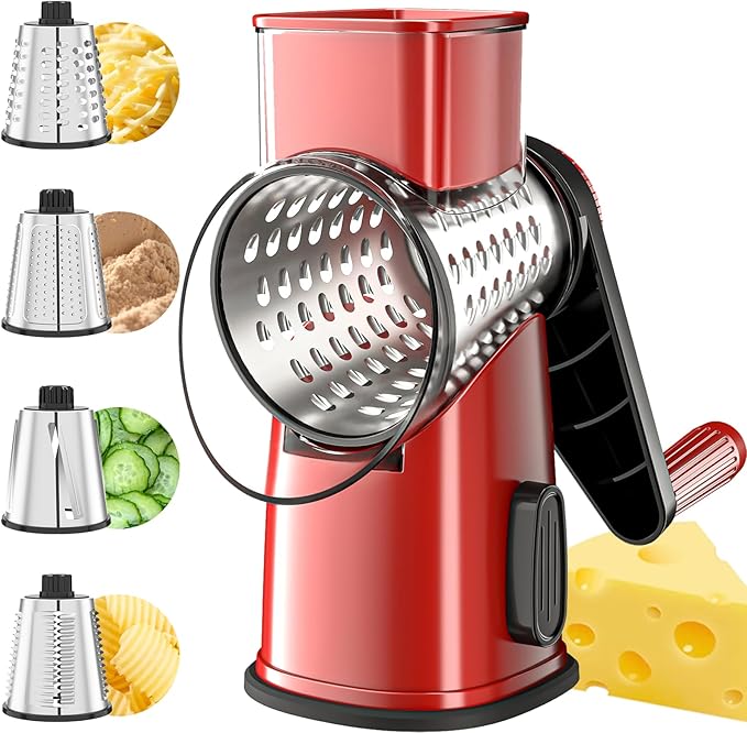 VEKAYA Cheese Grater, Cheese Grater Hand Crank, 4 Interchangeable Blades Cheese Shredder, Vegetable Slicer, Non-slip Suction Base, Easy to Clean Rotary Grater with Handle (Red)