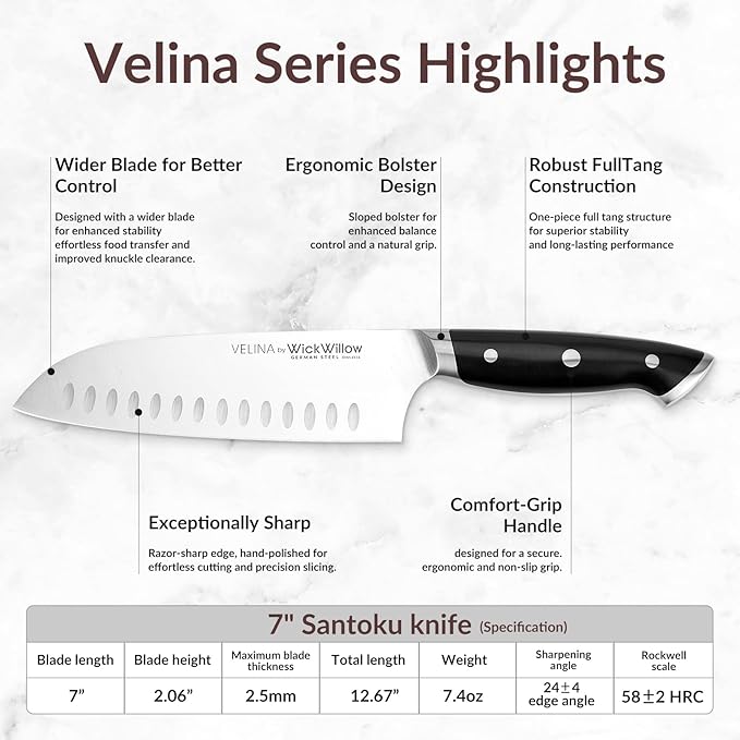 WICKWILLOW 7 Inch Santoku Knife – Razor Sharp German Steel – 7 Inch Kitchen Knife for Slicing, Dicing & Mincing – Hollow Edge & Full Tang – Gift Box – Velina Series