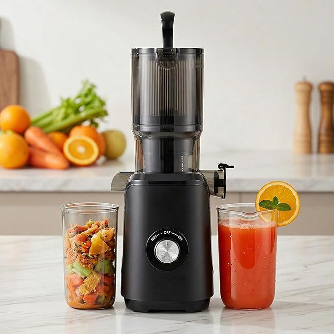 Cold Press Juicer, 92% High Nutrient Retention Slow Masticating Juicer with Wide 4.25" Chute & Reverse Function, Low Heat Oxidation, Easy Clean Quiet Motor, Black