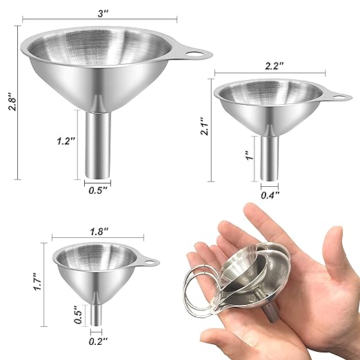Anaeat Stainless Steel Mini Kitchen Funnel Set, 3 Pack Durable Metal Filling Funnels for Transferring Liquid, Dry ingredients, Cosmetic Lotion, Fluid, Spices, Powder - Food-Grade & High Heat Resistant