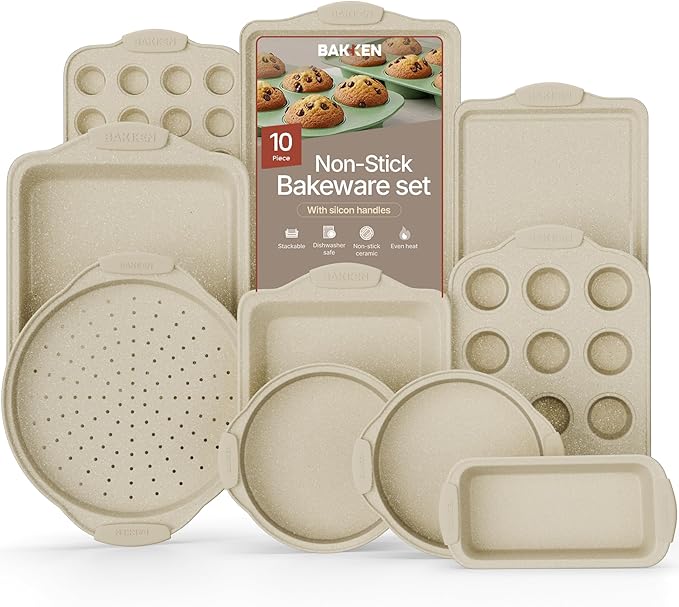 BAKKEN Kitchen Oven Baking Pans - Nonstick Gray Coating, Carbon Steel Bakeware Set with White Silicone Handles, Commercial Restaurant Quality Pans, PFOA, PFOS, PTFE Free, Oven Safe (450° F), Set of 10