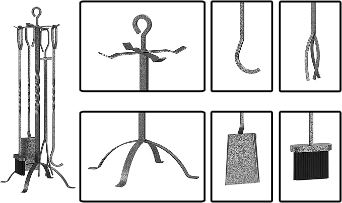 Fire Beauty 5 Pieces Fireplace Tools Sets Fireplace Accessories Tools Holder with Handles Tools for Indoor Fireplace Decor Outdoor Fire Pit Modern Tool(Pewter)