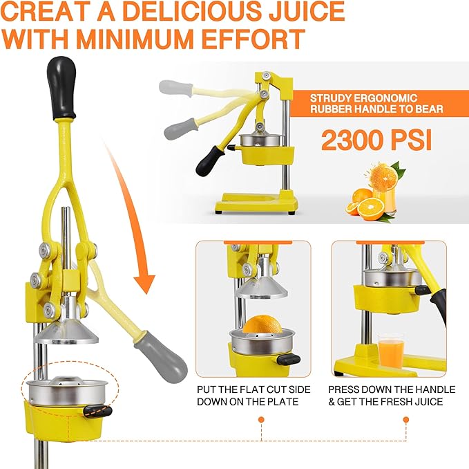 Commercial Heavy Duty Cast Iron Hand Press Manual Orange Citrus Lemon Lime Grapefruit Pomegranate Fruit Juice Squeezer Machine with Stainless Steel Cup Yellow