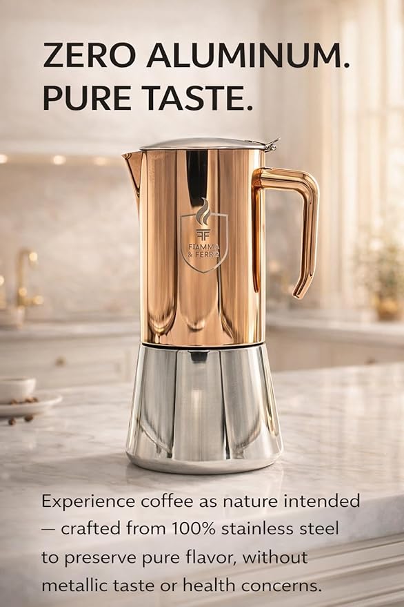 FIAMMA & FERRO Premium Italian Espresso Maker - 12-Cup (20oz) Stainless Steel Moka Pot, Copper PVD Finish, Induction Compatible, No Aluminum