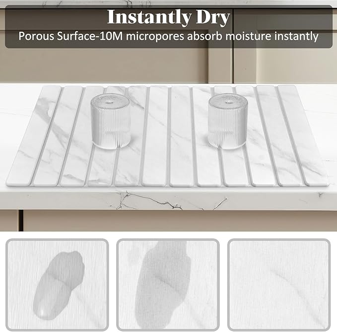 Large Stone Dish Drying Mats for Kitchen Counter, 28"×16" Marble-Pattern, Fast Drying Collapsible Dish Drying Mat, Eco-Friendly Absorbent Diatomaceous Earth Mats for Dishes Bottles, Match Countertop