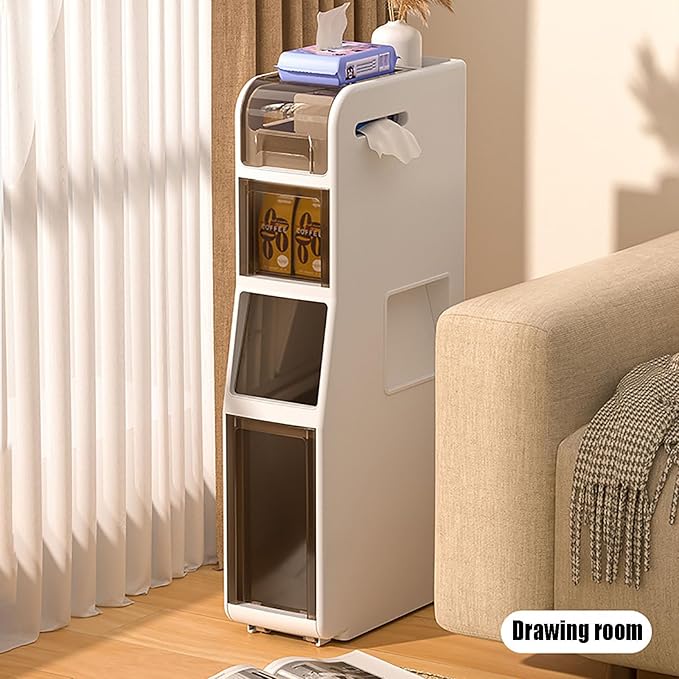 Slim Waterproof Narrow Bathroom Cabinet with Trash Bin Compact Design with Drawers and Toilet Paper Holder Movable Bathroom Organizers for Small Spaces (4Tier/31.5in H)