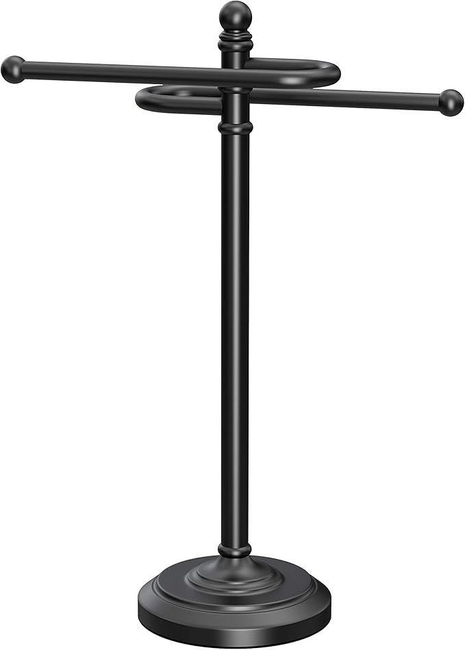 Gatco 1546MX Modern Round Base Freestanding Countertop S Style Towel Holder, Matte Black / 14.25" H x 8" W S-Shape Countertop Towel Rack/Hand Towel Holder for Bathroom, Kitchen
