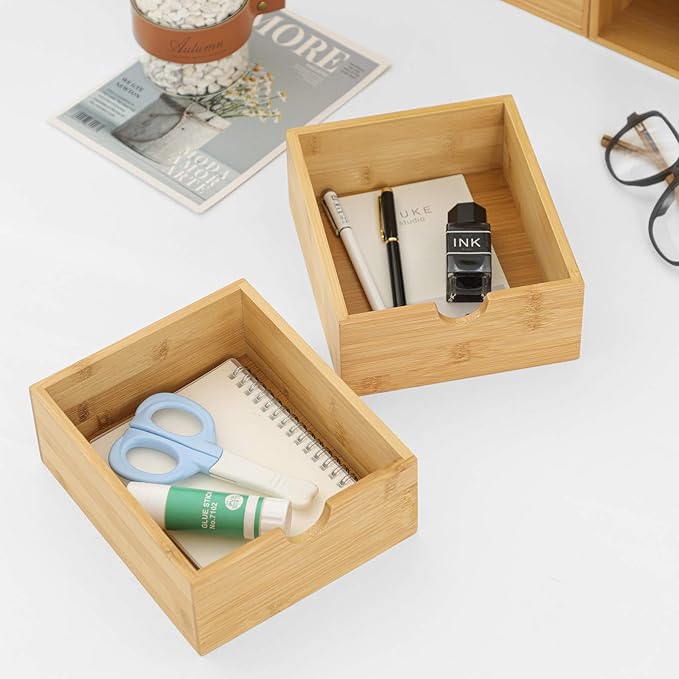 Wisuce Bamboo Desk Drawer Organizer, Desktop Organizer with Drawers Tabletop Storage Organization Box for Office Home Toiletries Supplies Vanity, No Assembly Required(3 Drawers-up down)