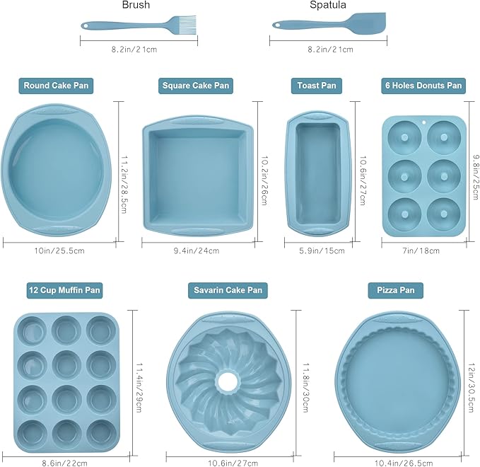 Nonstick Silicone Baking Mat Set, 9-in-1 Heat Resistant Cookie Sheet & Cake Pan Molds for Muffin, Loaf, Pizza, Cheesecake, Cupcake, Pie - Oven Bakeware Tools Kit