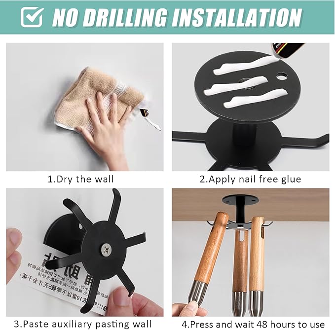Zorfeter Under Cabinet Kitchen Utensil Hooks, Stainless Steel Utensil Racks 360°Rotating Drilling Free Adhesive Utensils Hanging Rack Holder, Black