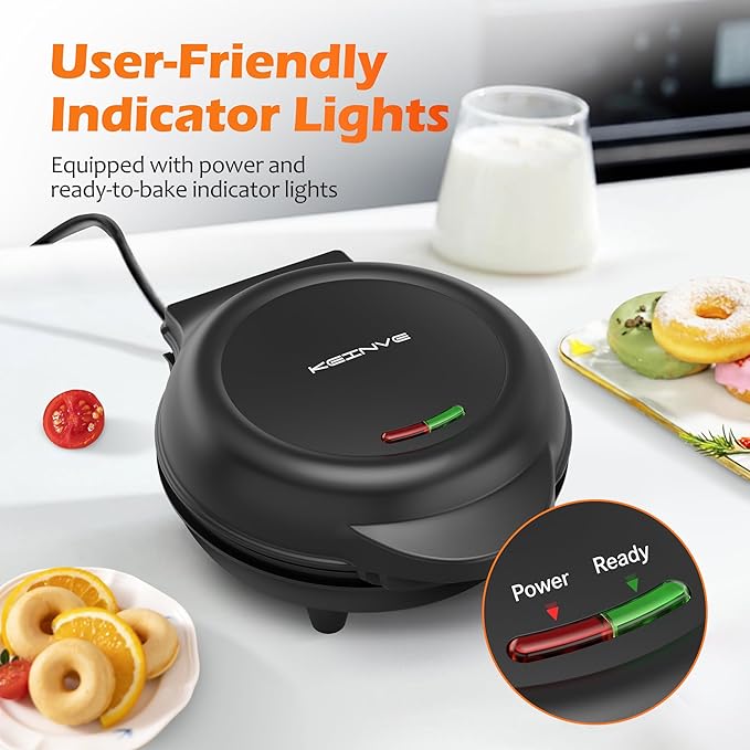 KEINVE Mini Donut Waffle Cake Maker, 7 Slots Home Baking Machine, Great for Breakfast, Snacks, Desserts and More