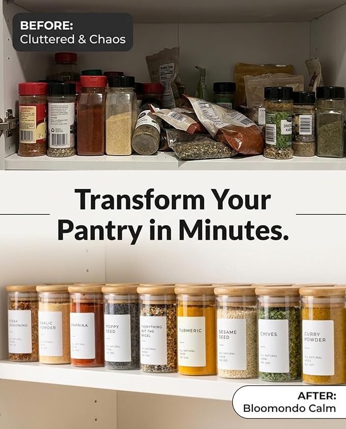 Bloomondo Empty Spice Jars with Label Pack (12x Bamboo Lid Glass Jar). Small 6oz Spice Storage Bottles with 112 Printed Stickers and 48 Writable Pantry Labels for Seasoning Containers