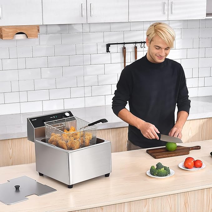 Commercial Deep Fryer with Basket, 1700w 11.6Qt 0.6mm Thickened Stainless Steel Countertop Electric Fryer for Home and Commercial Use, Oil Fryer with Double Overheat Protection
