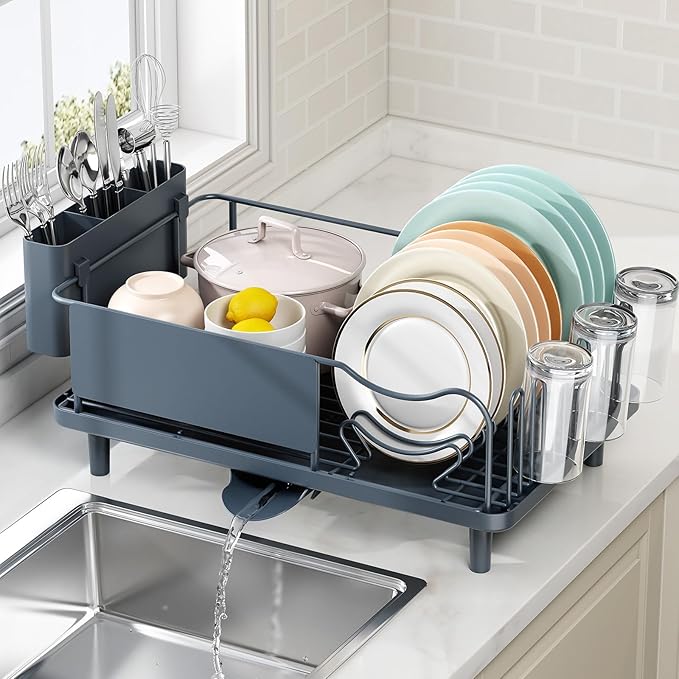 Dish Drying Rack Large Capacity - Stainless Steel Dish Rack for Kitchen Counter with Drain Board, Rustproof Dish Drainer with Auto Drain Spout, Utensil Holder & Glass Holder, Dinnerware Organizer
