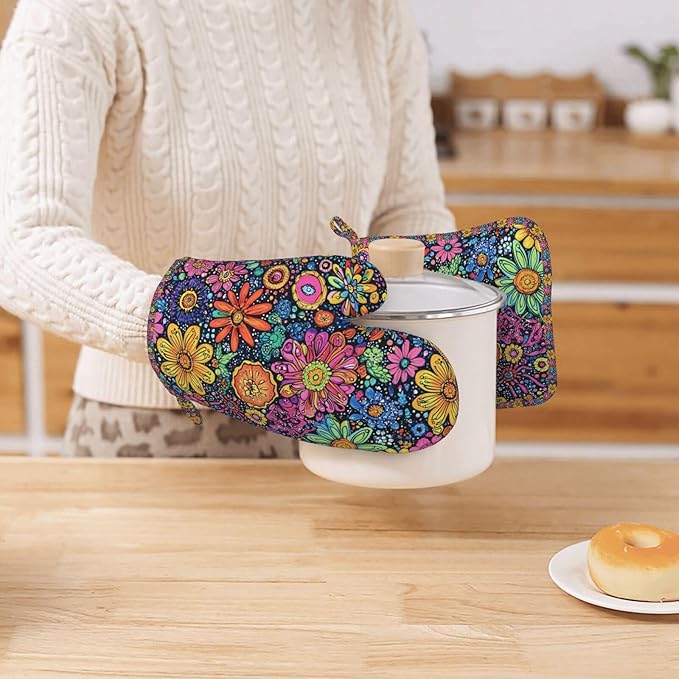 Oven Mitts and Pot Holders Set, Colorful Flower Art Silicone Kitchen Accessories 4 Piece Heat Resistant Long Gloves Potholder Non-Slip Grip for Chef Cooking Baking Grilling BBQ