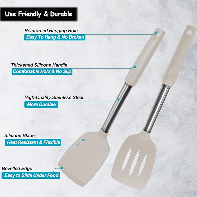 Silicone Spatula and Cooking Spoon,5 Pack Non-Stick Cooking Utensils for Kitchen，Heat Resistant Solid & Slotted Spoons and Spatulas, Stainless Steel Handle Coated with Silicone, Khaki