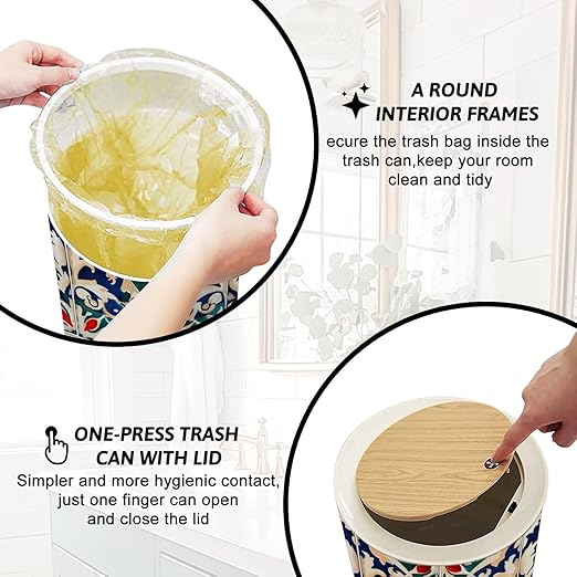 Trash Can with Lid Gorgeous seamless pattern white colorful Moroccan Portuguese tiles Press Top Round Small Garbage Bin with Wooden Legs Waste Basket for Kitchen Bedroom Nursery 7L/1.8 Gallon