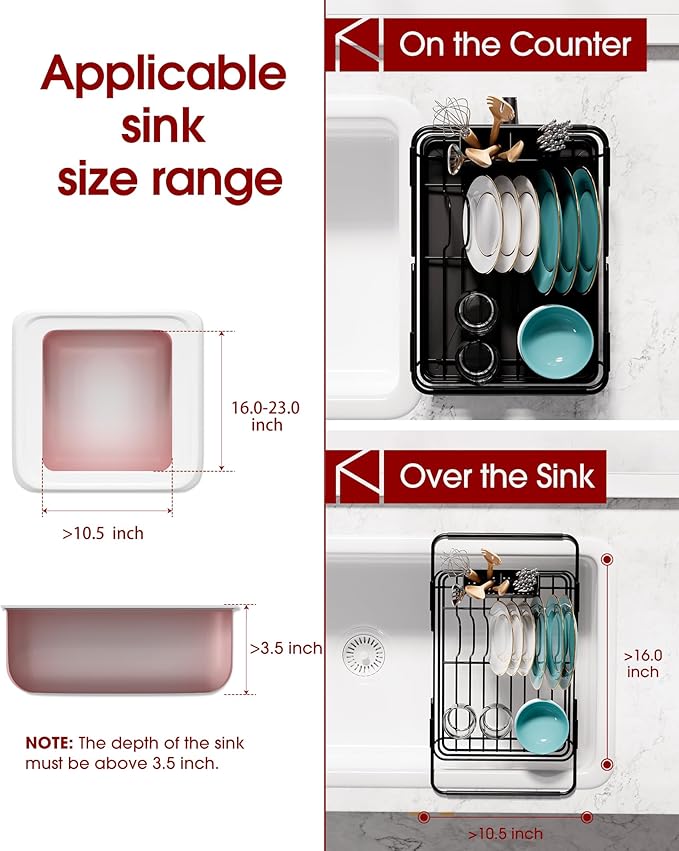 Sakugi Dish Drying Rack in Sink - Expandable Stainless Steel Dish Rack Over The Sink, Kitchen Sink Drain Strainer with Cutlery Holder & Cup Holders, 15.2 x 10.0 x 4.2 Inch, Black