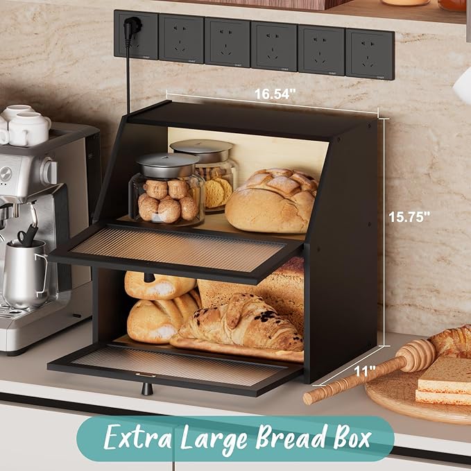Extra Large Black Bread Box for Kitchen Counter, Large Bamboo Wood Double Layer Bread Box, Wooden Bread Storage Capacity
