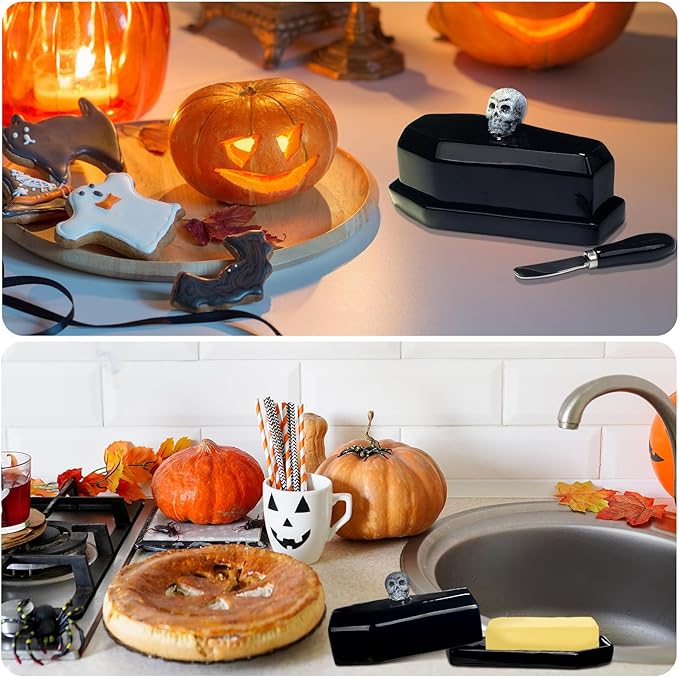 Reallnaive 2 Pcs Coffin Butter Dish with Lid Set with Butter Knife Black Gothic Skull Shape Ceramic Halloween Gothic Horror Kitchen Utensils Gift for Halloween Table Decoration Party Supplies (Stereo)