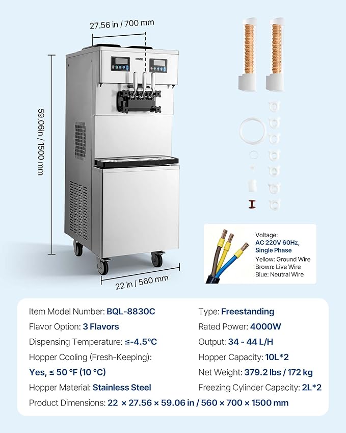 VEVOR Commercial Ice Cream Machine, 34-44L/H Yield, Dual-Compressor Freestanding Soft Serve Ice Cream Maker with 2 * 10L Hoppers & 3 Flavors, Pre-Cooling Puffing Low-Mix Alert for Snack Dessert Shops