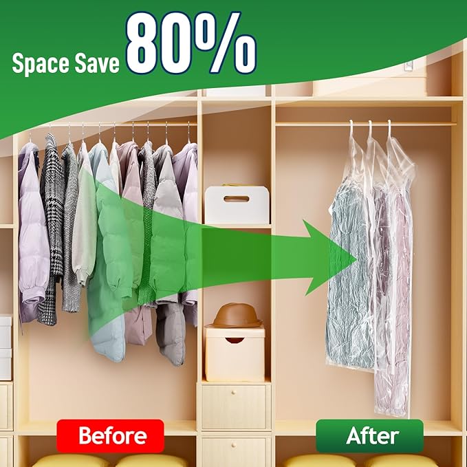 Hanging Vacuum Storage Bags For Clothes With Hand Pump,Coat Storage Bag Hanging,Vacuum Bags For Clothes,Space Saver Vacuum Storage Bags,Garment, Clothing, Dress, Suit, Long Coat, Jacket(Short 4 Pack）