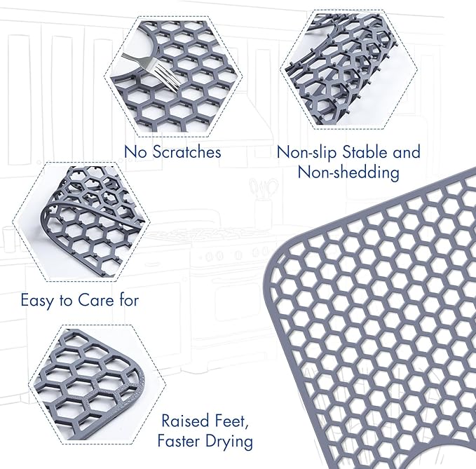 Bestjing Silicone Sink Protectors for Kitchen Sink with Rear Drain - 29.7"x 15.5" Kitchen Protector Accessory, Non-Slip Heat Resistan Mat for Bottom of Farmhouse Stainless Steel Porcelain