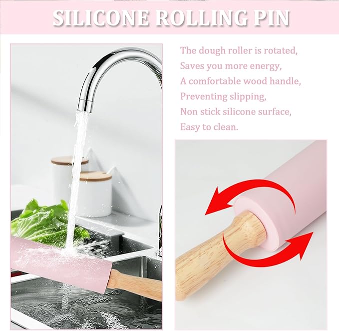 Silicone Rolling Pin for Baking,15inch Pastry Dough Roller with Wooden Handle Non Stick Surface Rolling Pin for Dough Fondant Cookie Pastry Tapered Dumpling Baking Supplies (pink)
