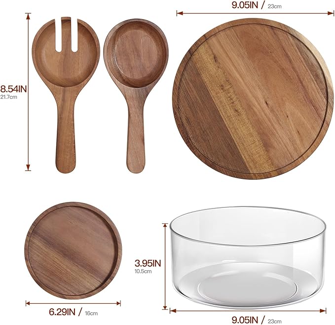 Large Glass Salad Bowls, Salad Bowl Set for Party with Acacia Wood Base and Lid and Salad Serving Utensils, Elegant and Practical Salad Bowls for Kitchen Essentials