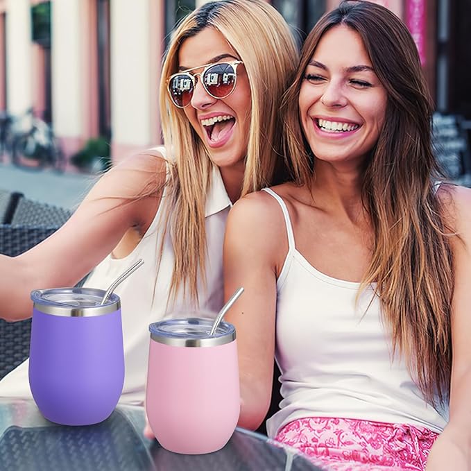 COMOOO Stainless Steel Wine Tumbler 4 Pack with Lid and Straw 12oz Double Wall Vacuum Insulated Travel Tumbler Cup Stemless for Hot and Cold Drinks,Coffee,Wine,Cocktails, Pink