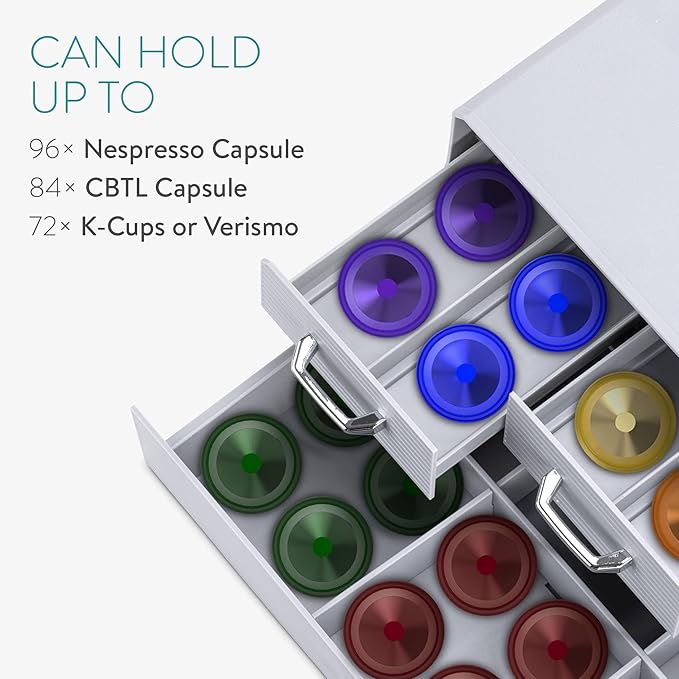 Navaris Coffee Pod Holder with 4 Drawers - Compatible with Nespresso, CBTL, K-Cups, Verismo - Capsule Storage Organizer 2-Tier Container Box - Gray