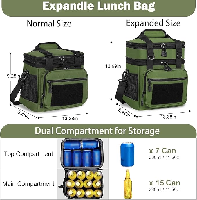 GLENKEY Tactical Lunch Box Cooler Bag - Expandable Insulated Lunch Bag for Men Women - XLarge Lunchbox for Adults Work Shifts Outdoor Trips Army Green 22L
