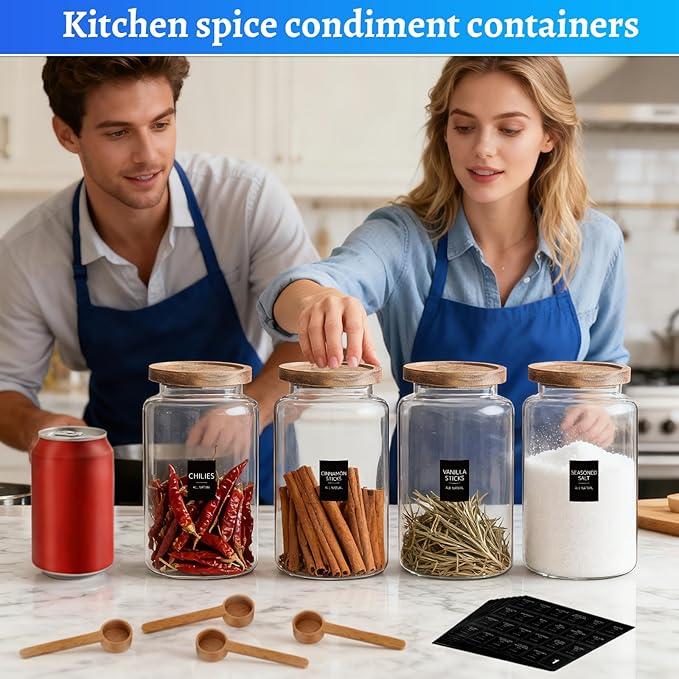 Glass Coffee Jar with Wood Lids Spoon Labels Clear Coffee Ground Canister set of 2,Borosilicate Glass Food Containers for Spice Cookies Sugar Tea Bar (2800ml/94oz-2 pack-with spoon)