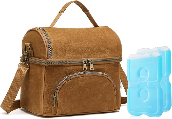 Lunch Box with Ice Packs, Waxed Canvas Lunch Bag for Men, 10.5L Leakproof Insulated Lunch Cooler for Men Work, Dual Compartment Soft Cooler for Work, Camping, Beach & Road Trips