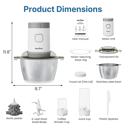 Electric Blender and Food Processor Combo: 4 in 1 Food Grinder for Grinding Meat Coffee, Peeling Garlic & Juicing, 350W Food Chooper with 1.8L Stainless Steel Bowl & 2 Cups, 2 Speed, White