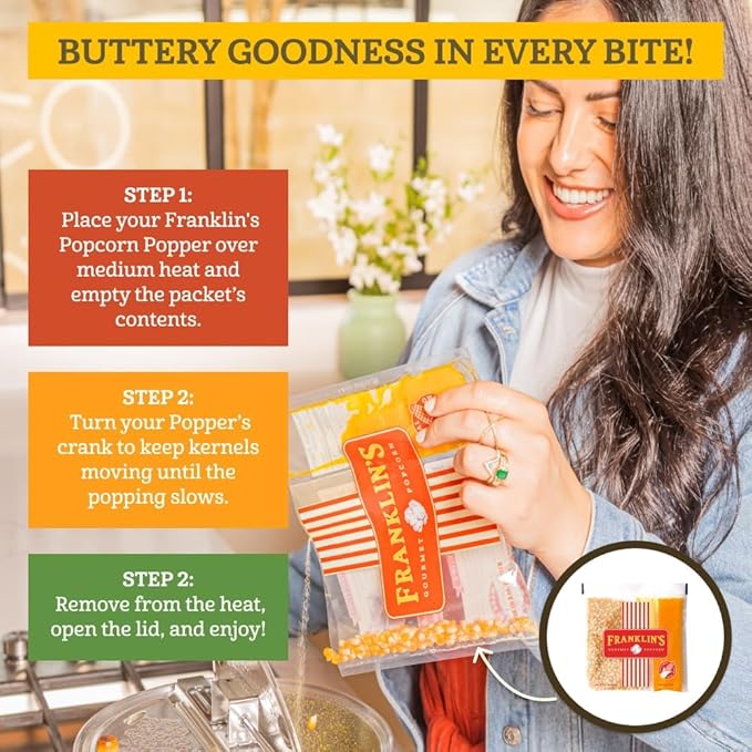 Franklin’s Gourmet Popcorn All-In-One Popcorn Packs for Popcorn Machine - 4oz Pack of 10 - Made in USA - Packs of Corn Kernels with Buttery Salt & Oil