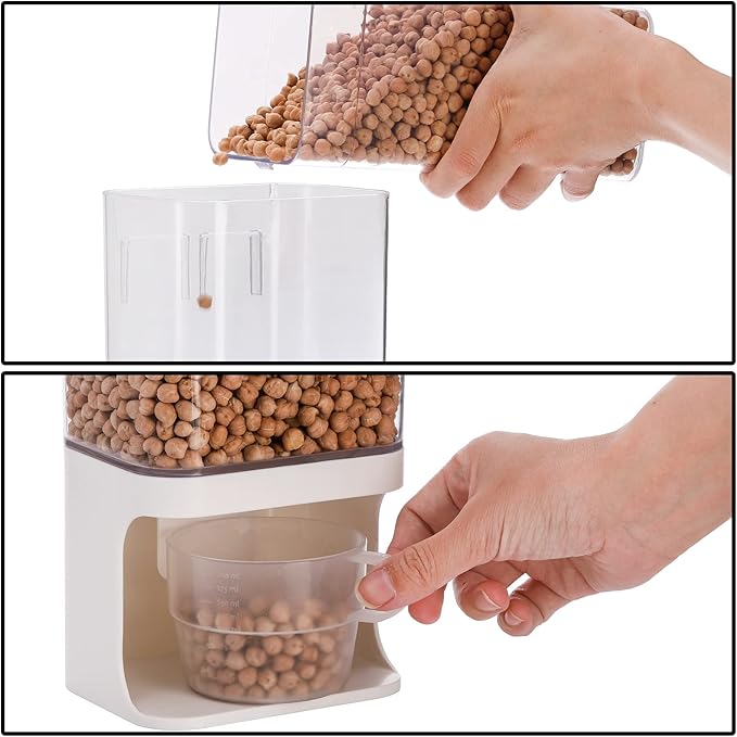 AVLA Rice Dispenser, Wall-Mounted Laundry Detergent Container, Cereal Dry Food Storage Bucket with Measuring Cup, Kitchen Grain Organizer with Lid, BPA-Free, for Beans, Laundry Scent Bead, Pet Food