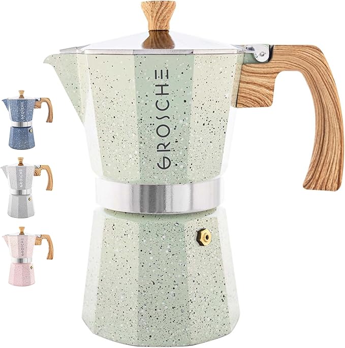 GROSCHE Milano Moka pot, Stovetop Espresso maker, Greca Coffee Maker, Stovetop coffee maker and espresso maker percolator (Mint, 9 cup)