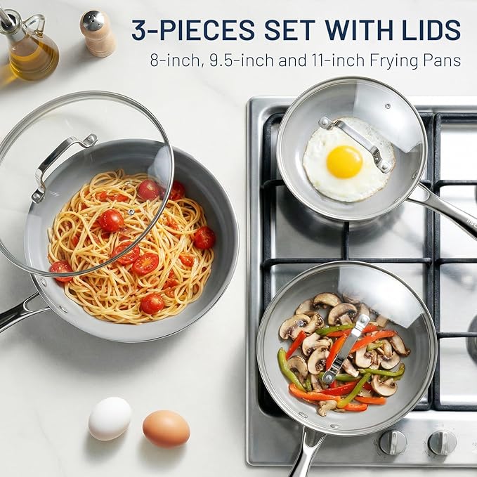 Kikcoin Non Stick Frying Pans with Lid, 3 Pack Ceramic Frying Pan for Cooking, 8+9.5+11 Inch Omelette Pans Set with Stay Cool Handle, Induction Ready, Free of PFAS PFOA PTFE, Oven/Dishwasher Safe
