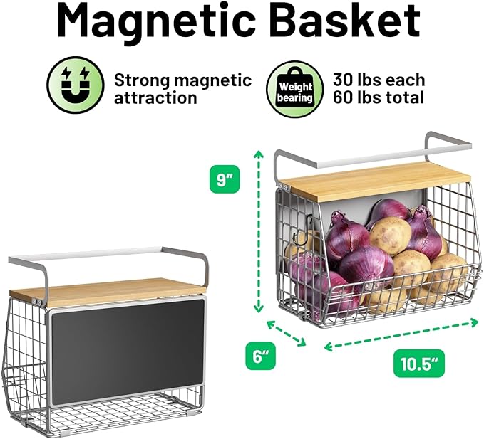 Magnetic Shelf for Fridge with Wood Lid, Fruit Potato and Onion Storage Bins, Pantry Organizers & Storage, Large Container Magnetic Spice Rack for Refrigerator, Kitchen Counter (Silver-gray, 2)